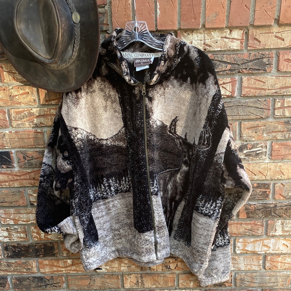 Outback Trading Co. Vintage Deer Print Fleece Jacket XL